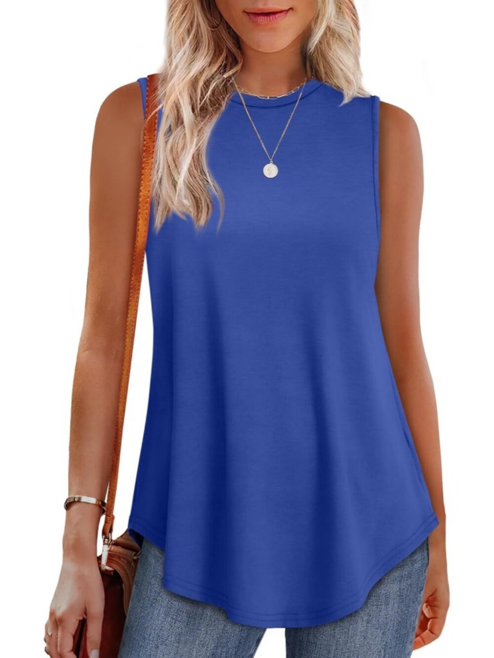Women's Blue High Neck Tank Loose Fit Sleeveless Casual Wear Summer Tunic Tops
